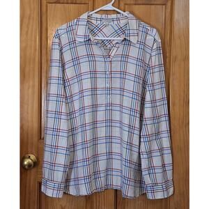 Talbots Shirt Women's XL 100% Cotton Twill Popover Classic Preppy Plaid Office